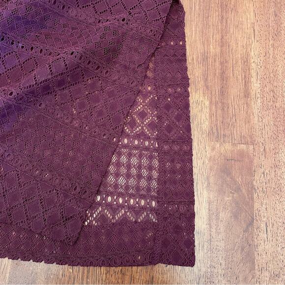 Bardot Revolve Marion Lace Dress Long Sleeve Knee Length Open Back Slit Maroon 8 - Picture 9 of 12